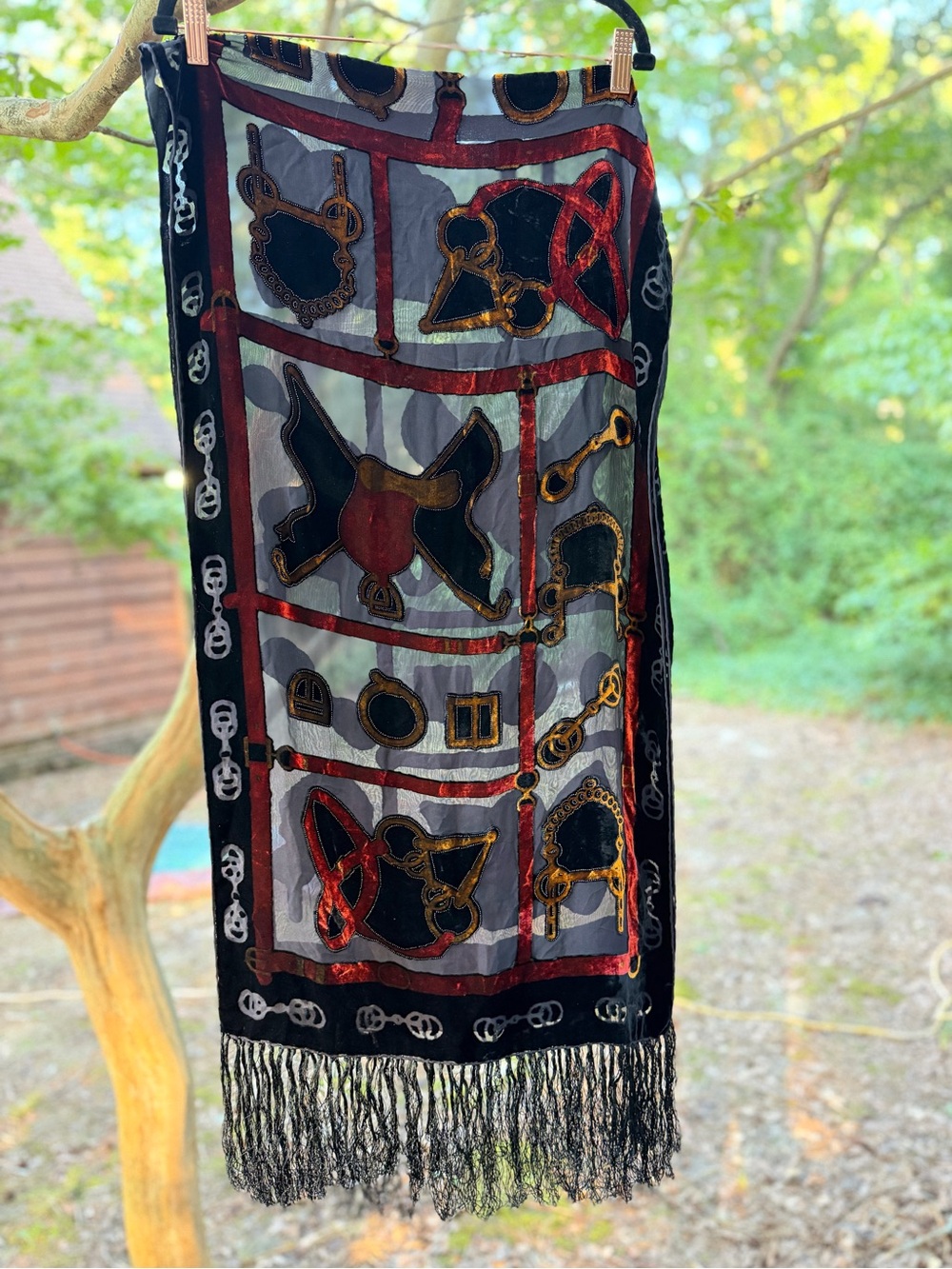 Vintage 90s Velvet Burnout Fringe Scarf Black, Red, Orange Made In Italy